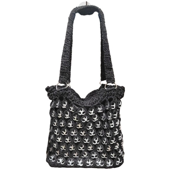Shoulder Bag Purse Crocheted Aluminum Can Pull Tabs Black Nylon Cord Lined Zips - Picture 1 of 7